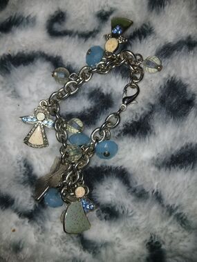 Silver Charm Bracelet with Blue Beads and Angel Charms